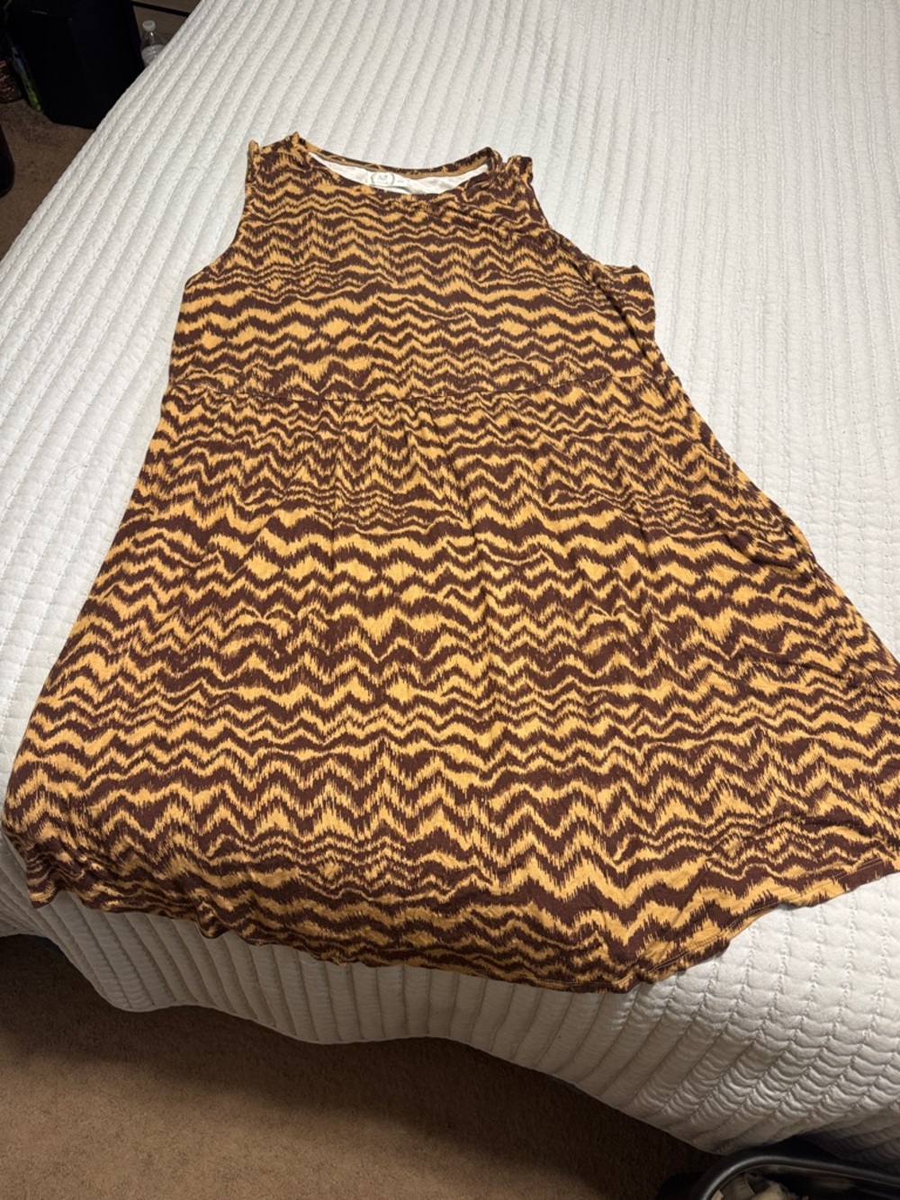 Sleeveless Brown and Mustard Zigzag Print Dress
